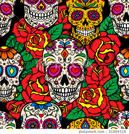 Seamless pattern with mexican sugar skulls and... - Stock Illustration ...