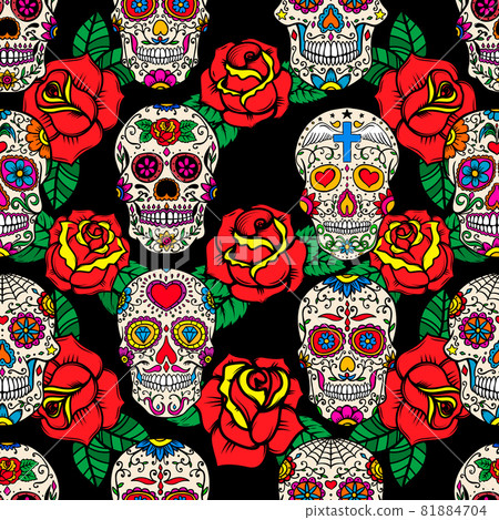 Seamless pattern with mexican sugar skulls and roses. Design element for poster, card, banner, clothes decoration. Vector illustration 81884704