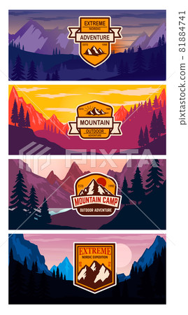 Set of banner templates with mountains. Design elements for poster, card, flyer, emblem. Vector illustration Set of banner templates with mountains. Design elements for poster, card, flyer, emblem. Vector illustration 81884741