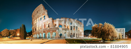 Rome, Italy. Colosseum Also Known As Flavian Amphitheatre In Evening Or Night Time. Rome, Italy. Colosseum Also Known As Flavian Amphitheatre In Evening Or Night Time. 81884905
