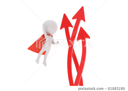 3D illustration of a person ascending wearing a cloak and three arrows spiraling up 81885280