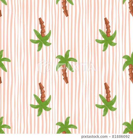 Green palm tree elements seamless pattern in doodle style. Striped white and pink background. Doodle ornament. Green palm tree elements seamless pattern in doodle style. Striped white and pink background. Doodle ornament. 81886092