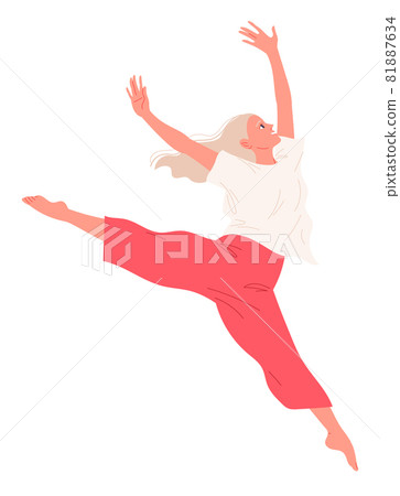 Dancing girl performs a jump with raised arms 81887634