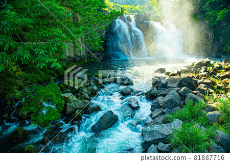 Sekinoo Waterfall with a lot of splashing water with a group of rare potholes upstream 81887716
