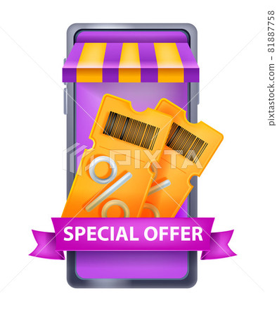 3D vector discount coupon illustration, smartphone screen, mobile app, online shop concept on white 3D vector discount coupon illustration, smartphone screen, mobile app, online shop concept on white 81887758