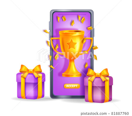 Online reward gift vector concept, loyalty program bonus prize, golden winner cup, smartphone screen Online reward gift vector concept, loyalty program bonus prize, golden winner cup, smartphone screen 81887760