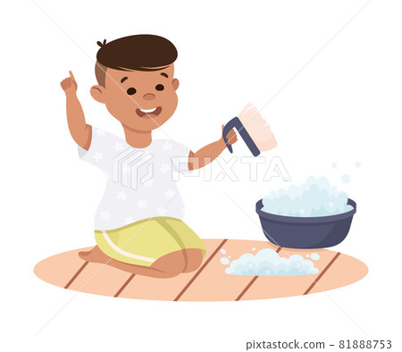 Cute Boy Doing Housework and Housekeeping Rubbing Carpet with Brush and Soap Vector Illustration 81888753