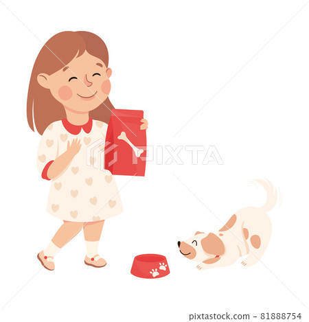 Cute Girl Feeding the Dog Doing Housework and Housekeeping Vector Illustration 81888754