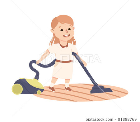 Cute Girl Vacuum Cleaning the Floor Doing Housework and Housekeeping Vector Illustration 81888769