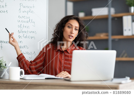Serious English teacher showing grammar rules to students online Serious English teacher showing grammar rules to students online 81889080