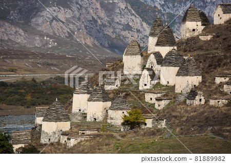 Medieval necropolis city of the dead in the mountains of the Caucasus. North Ossetia. 81889982