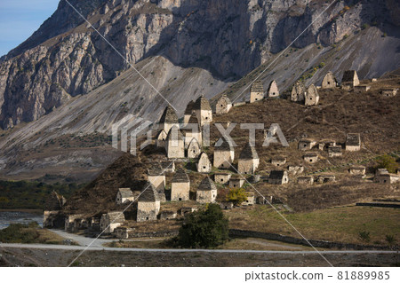 Medieval necropolis city of the dead in the mountains of the Caucasus. North Ossetia. Medieval necropolis city of the dead in the mountains of the Caucasus. North Ossetia. 81889985