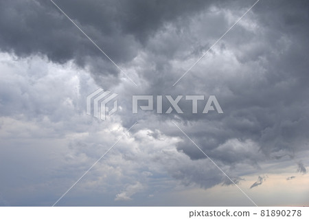 Storm hurricane blue leaden torn clouds on the horizon 81890278