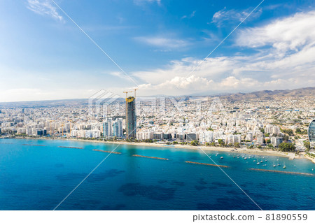 Aerial view on Limassol cityscape with blue sky and seascape 81890559