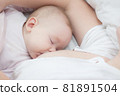 Mother holding newborn baby in an embrace and breastfeeding. Mother is breastfeeding her baby. Newborn breastfeed. Happy motherhood 81891504