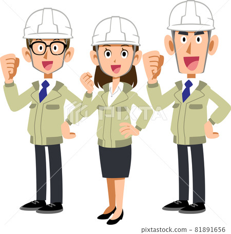 A team of three men and women in a construction shop wearing a helmet 81891656