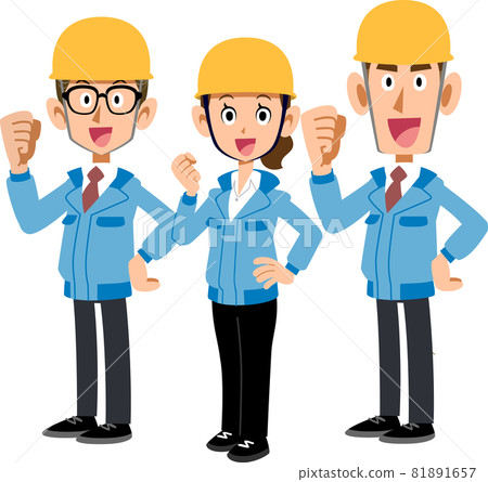 一個由三名穿著藍色工作服的男女在建築工地工作的團隊 81891657
