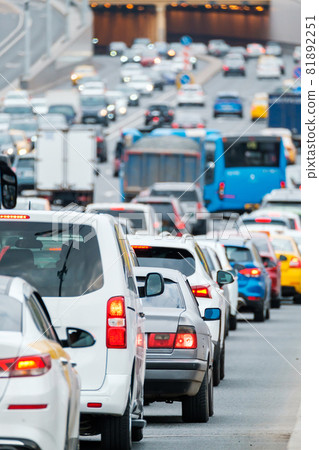 Traffic on a multi-lane road in big city center downtown 81892251