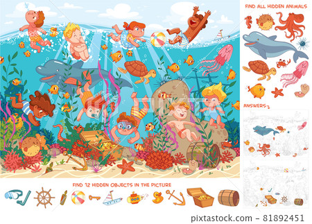 Children swim underwater with marine life. Find... - Stock Illustration ...