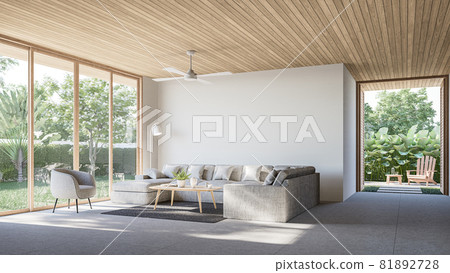 Modern contemporary loft living room with open door to garden 3d render 81892728