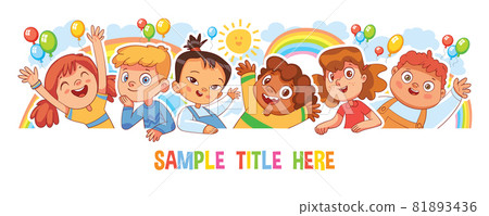 Happy children holding poster. Funny cartoon character. Isolated on white background 81893436