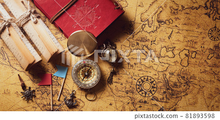 Happy Columbus Day concept. Vintage compass and treasure manuscript. Flat lay, top view with copy space. Happy Columbus Day concept. Vintage compass and treasure manuscript. Flat lay, top view with copy space. 81893598