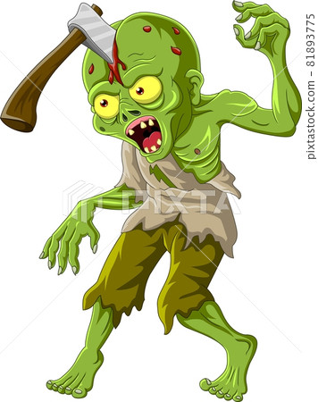 Cartoon zombie with axe in his head Cartoon zombie with axe in his head 81893775