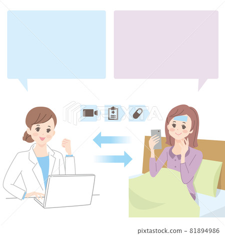 A doctor who examines a young woman who receives online medical treatment on a smartphone 81894986
