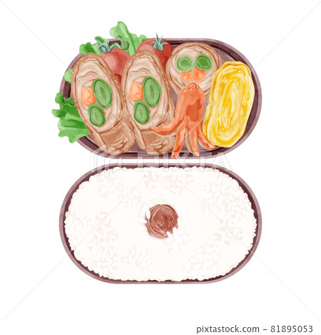 Hand-painted watercolor style illustration of Japanese meat-wrapped lunch Hand-painted watercolor style illustration of Japanese meat-wrapped lunch 81895053