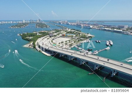 Aerial view of MacArthur Causway, Watson Island and Miami Beach, Florida. 81895604