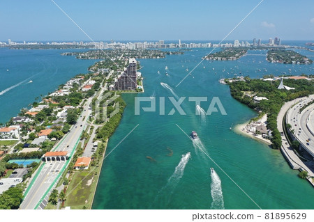 Aerial view of Venetian Causeway and Miami Beach, Florida. 81895629