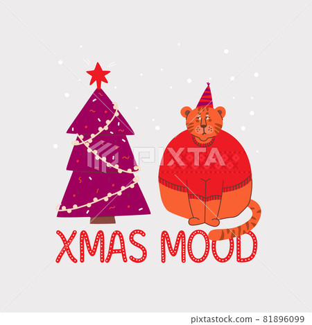 Sad and grumpy tiger in a sweater looks at Christmas tree. Lettering Christmas mood. Sad and grumpy tiger in a sweater looks at Christmas tree. Lettering Christmas mood. 81896099