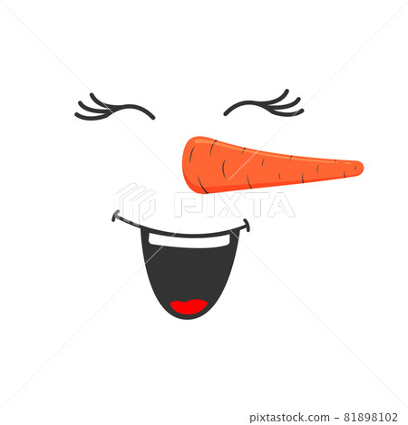 Laughing snowman face isolated on white background. Funny snow man head with closed eyes, open ha ha mouth and carrot nose. Winter holidays design. Vector cartoon illustration Laughing snowman face isolated on white background. Funny snow man head with closed eyes, open ha ha mouth and carrot nose. Winter holidays design. Vector cartoon illustration 81898102