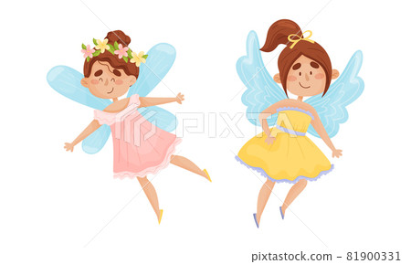 Cute Fairy or Pixie with Etherial Wings and Flower Wreath Vector Set 81900331