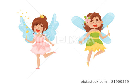 Cute Fairy or Pixie with Etherial Wings and Magic Wand Vector Set 81900359