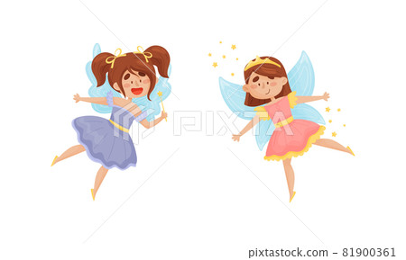 Cute Fairy or Pixie with Etherial Wings and Tiara Holding Magic Wand Vector Set 81900361