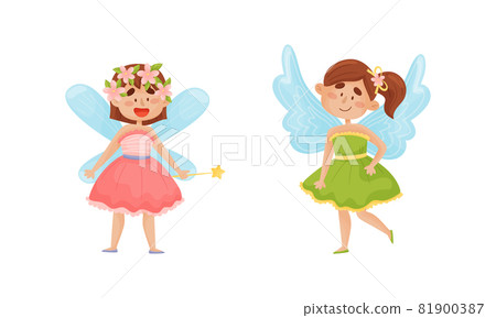 Cute Fairy or Pixie with Etherial Wings and Magic Wand Vector Set 81900387