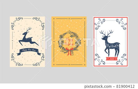 Happy New Year and Winter Holidays Greeting Card with Fir Wreath and Deer Vector Set Happy New Year and Winter Holidays Greeting Card with Fir Wreath and Deer Vector Set 81900412
