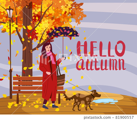 Young woman with dog and umbrella in the autumn park city, trendy clothes street fashionable style outwear female, fall mood. Lettering Hello Autumn. Trendy vector style 81900557