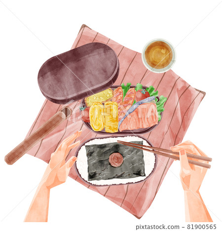 午餐吃手工製作的紫菜便當的手寫水彩風格插圖 81900565