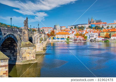 Prague Czech Republic, city skyline at Charles Bridge and Prague Castle, Czechia with autumn foliage season 81902478