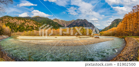 Nature landscape at Kamikochi Japan, panorama autumn fall foliage with pond and mountain Nature landscape at Kamikochi Japan, panorama autumn fall foliage with pond and mountain 81902500