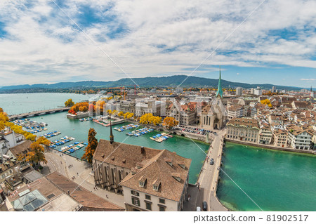 Zurich Switzerland, high angle view city skyline from Grossmunster with autumn foliage season Zurich Switzerland, high angle view city skyline from Grossmunster with autumn foliage season 81902517