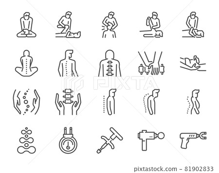 Chiropractic line icon set. Included the icons as Chiropractor, spline treatment, massage, Osteopath, Osteopathy, joint recovery, and more. Chiropractic line icon set. Included the icons as Chiropractor, spline treatment, massage, Osteopath, Osteopathy, joint recovery, and more. 81902833