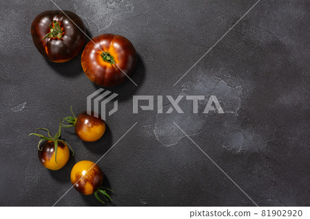 Yellow  anthocyanin tomatoes (Solanum lycopersicum fruits) atop dark backldrop, copy space, top view 81902920
