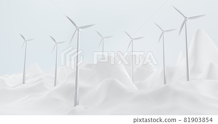 Futuristic landscape with wind turbines, snowy hills and blue sky. Alternative renewable power generation, green energy concept. Realistic 3d illustration of windmills with silver vanes 81903854