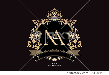 NA initial letter with crown and ornament pattern illustration, graphic name Frames and Border of floral designs, applicable for NA Monogram, for insignia, wedding couple name, badge label premium. 81904490