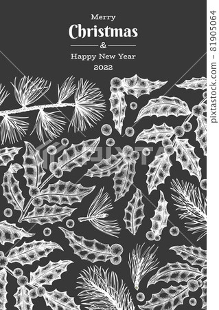Christmas hand drawn vector greeting card design template. Vintage style botanical illustration. Winter plants xmas banner. Christmas hand drawn vector greeting card design template. Vintage style botanical illustration. Winter plants xmas banner. 81905064