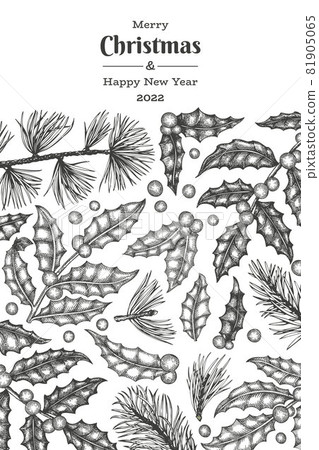 Christmas hand drawn vector greeting card design template. Vintage style botanical illustration. Winter plants xmas banner. Christmas hand drawn vector greeting card design template. Vintage style botanical illustration. Winter plants xmas banner. 81905065