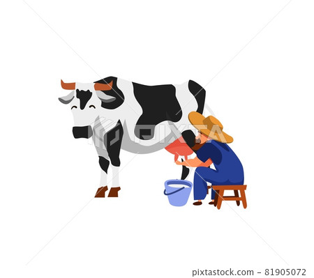 Farmer male cartoon character milks a cow, flat vector illustration isolated. 81905072